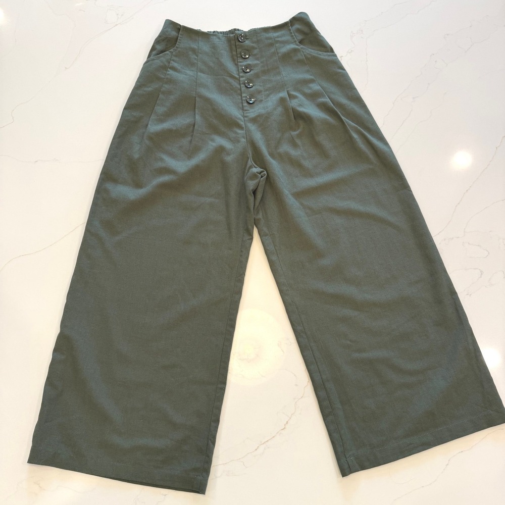 Francescas MiAmi Olive Green Linen Blend Button Fly Wide Leg Crop Pants Sz M EUC